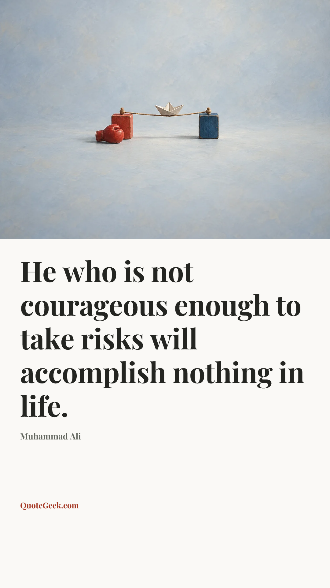 “He who is not courageous enough to take risks will accomplish nothing in life.” — Muhammad Ali. Illustrated QuoteGeek card.