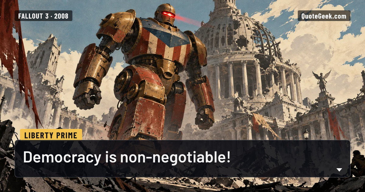 “Democracy is non-negotiable!” — Liberty Prime · Fallout 3. Illustrated QuoteGeek card.