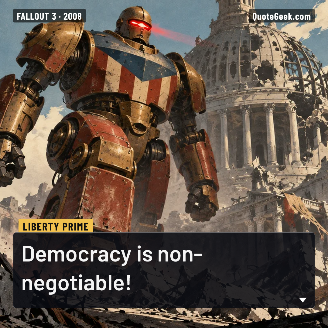“Democracy is non-negotiable!” — Liberty Prime · Fallout 3. Illustrated QuoteGeek card.