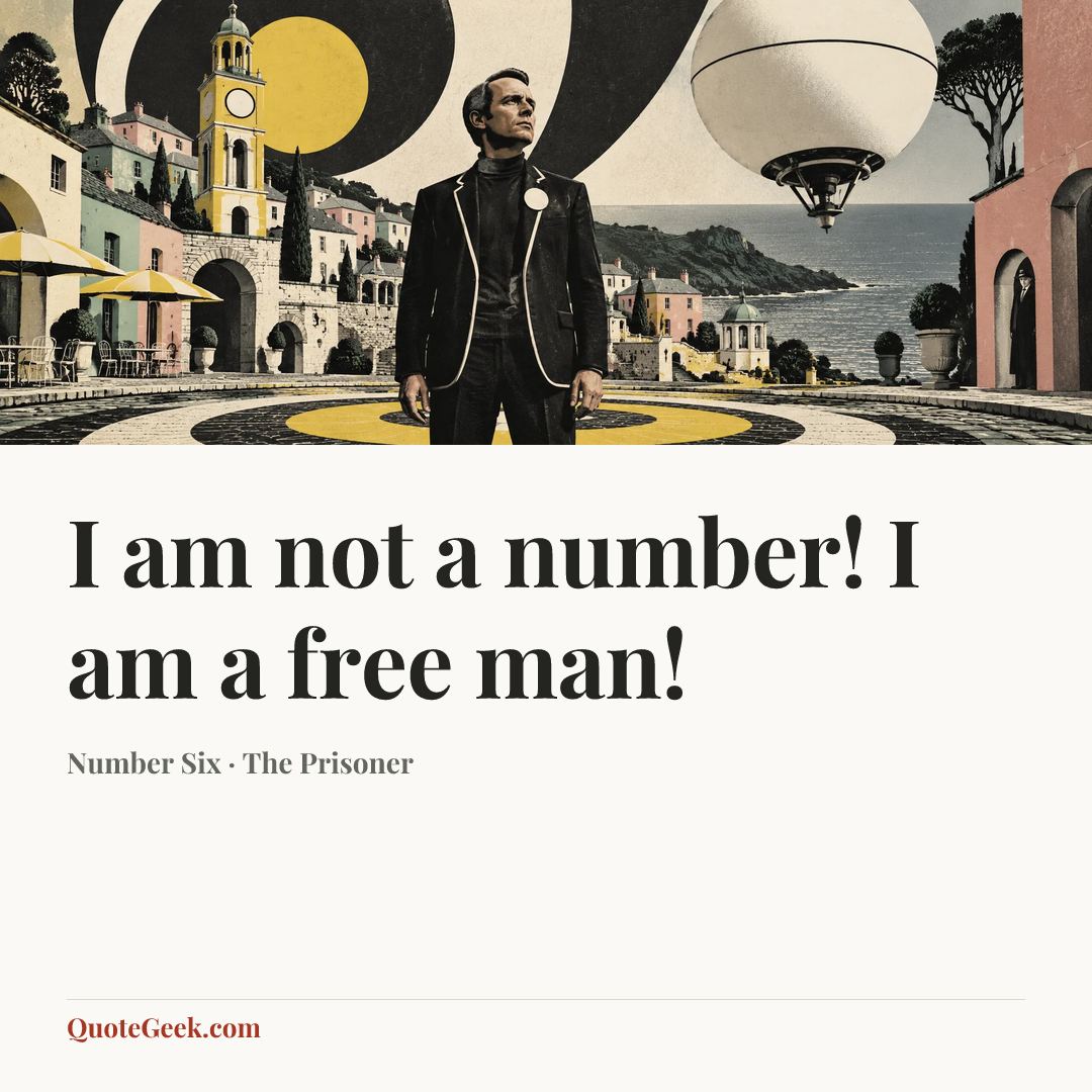 “I am not a number! I am a free man!” — Number Six · The Prisoner. Illustrated QuoteGeek card.