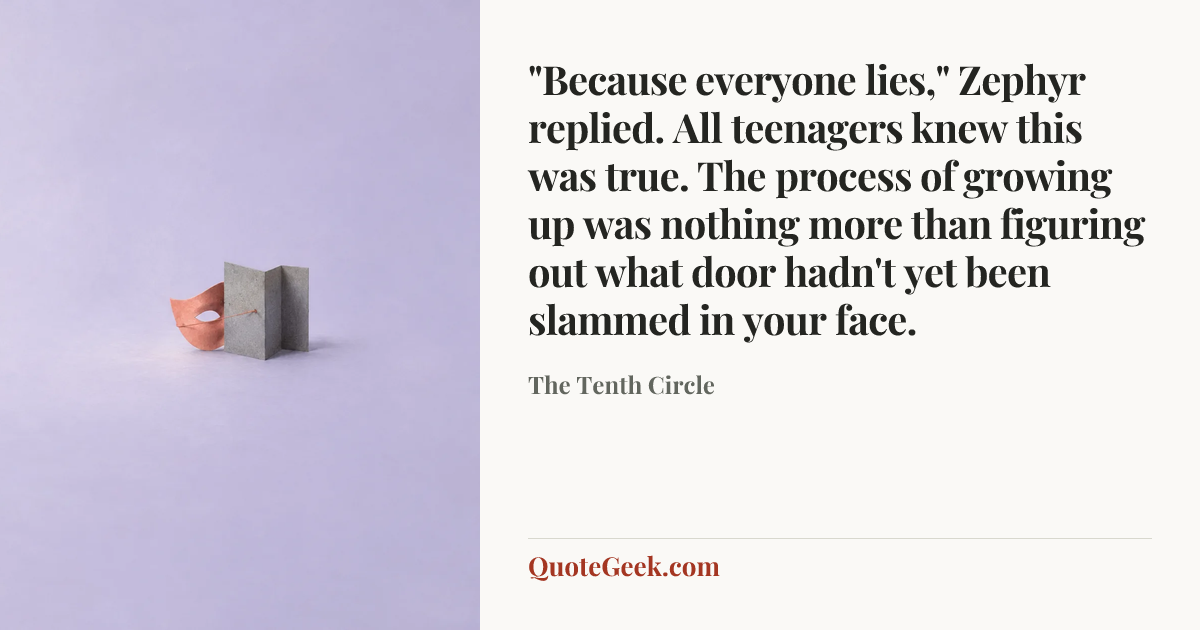 “"Because everyone lies," Zephyr replied. All teenagers knew this was true. The process of growing up was nothing more than figuring out what door hadn't yet been slammed in your face.” — The Tenth Circle. Illustrated QuoteGeek card.