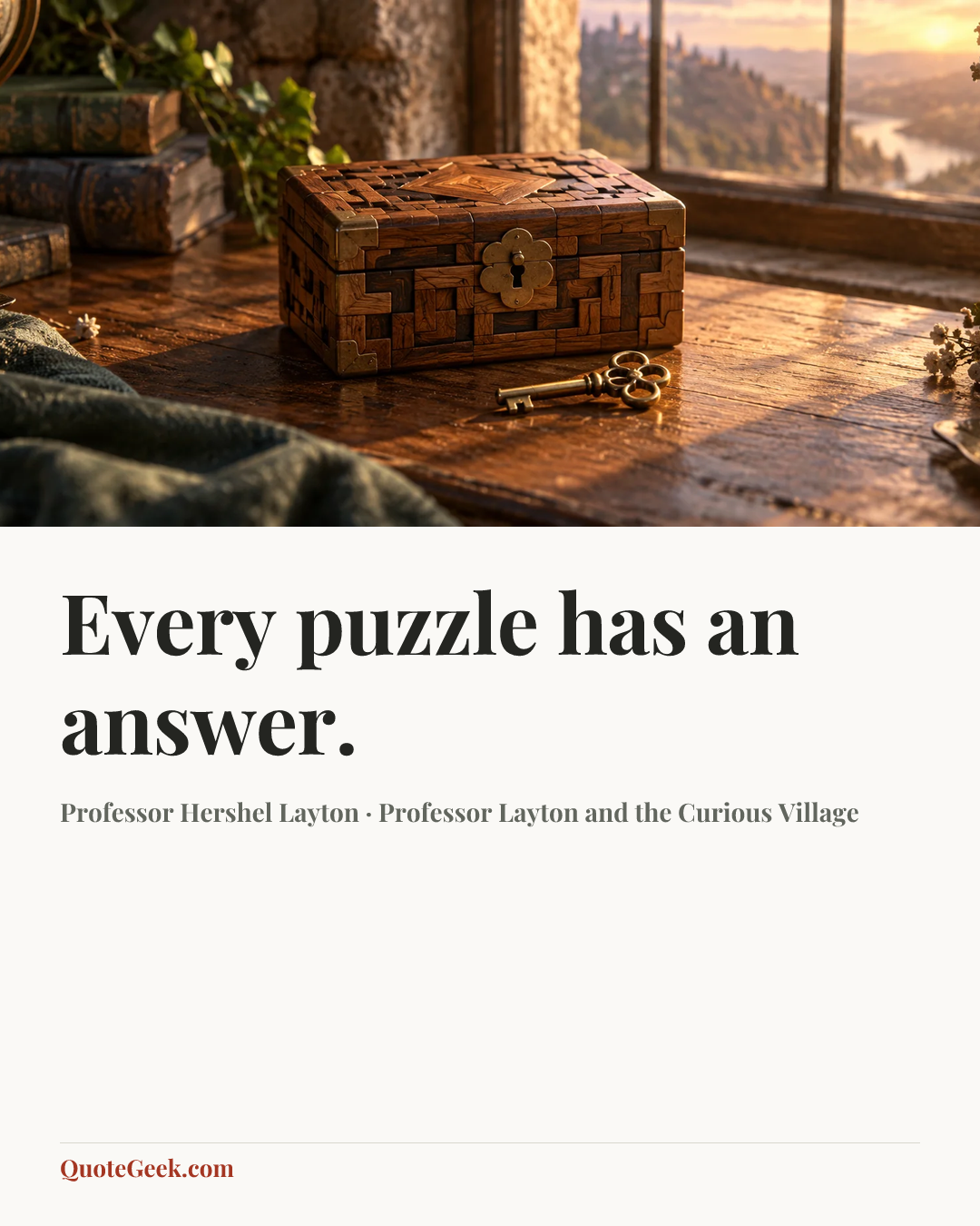 “Every puzzle has an answer.” — Professor Hershel Layton · Professor Layton and the Curious Village. Illustrated QuoteGeek card.