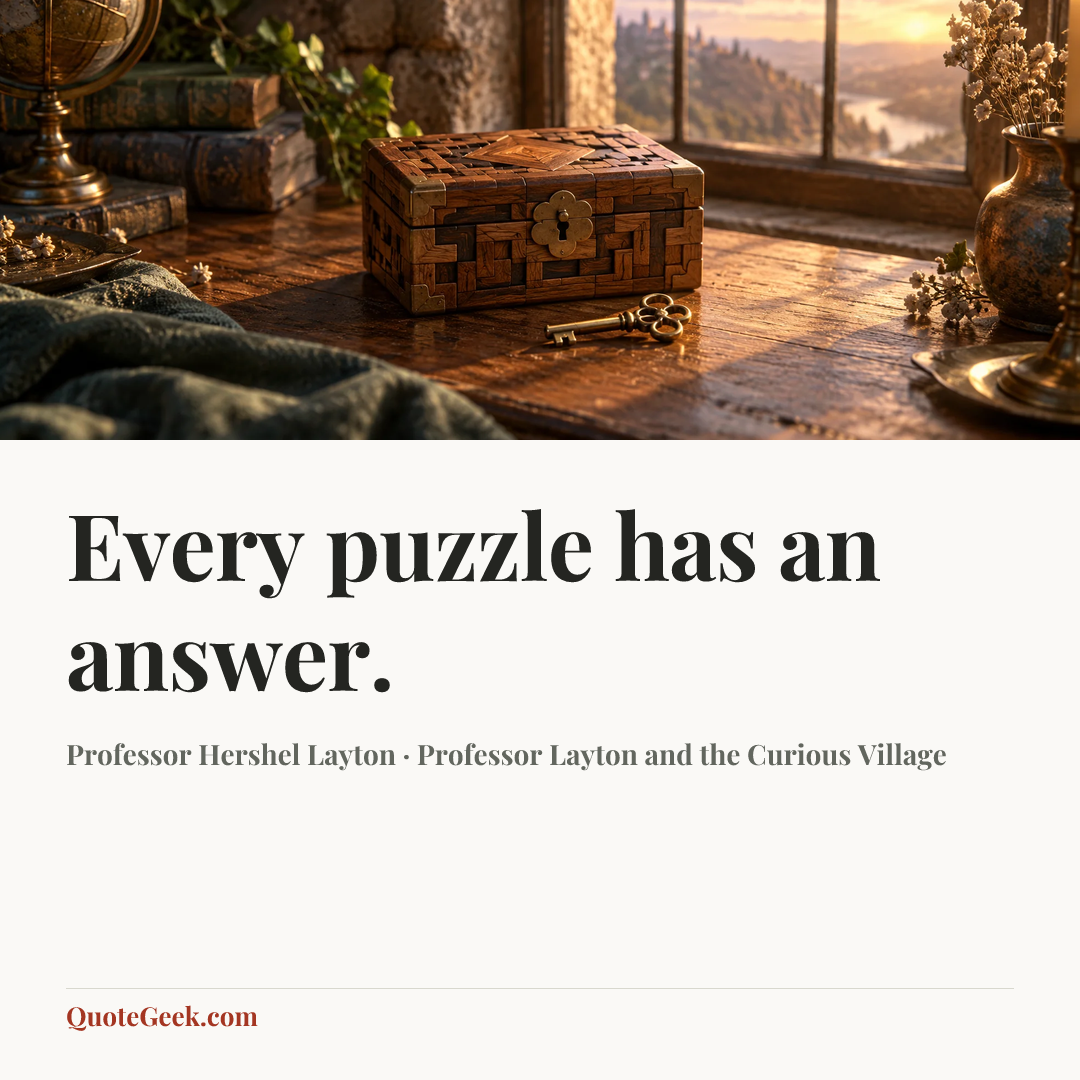 “Every puzzle has an answer.” — Professor Hershel Layton · Professor Layton and the Curious Village. Illustrated QuoteGeek card.