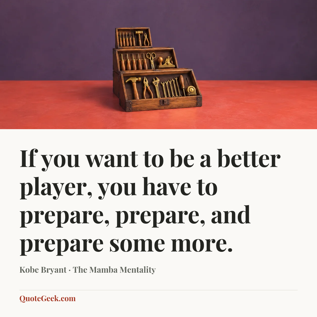 “If you want to be a better player, you have to prepare, prepare, and prepare some more.” — Kobe Bryant · The Mamba Mentality. Illustrated QuoteGeek card.