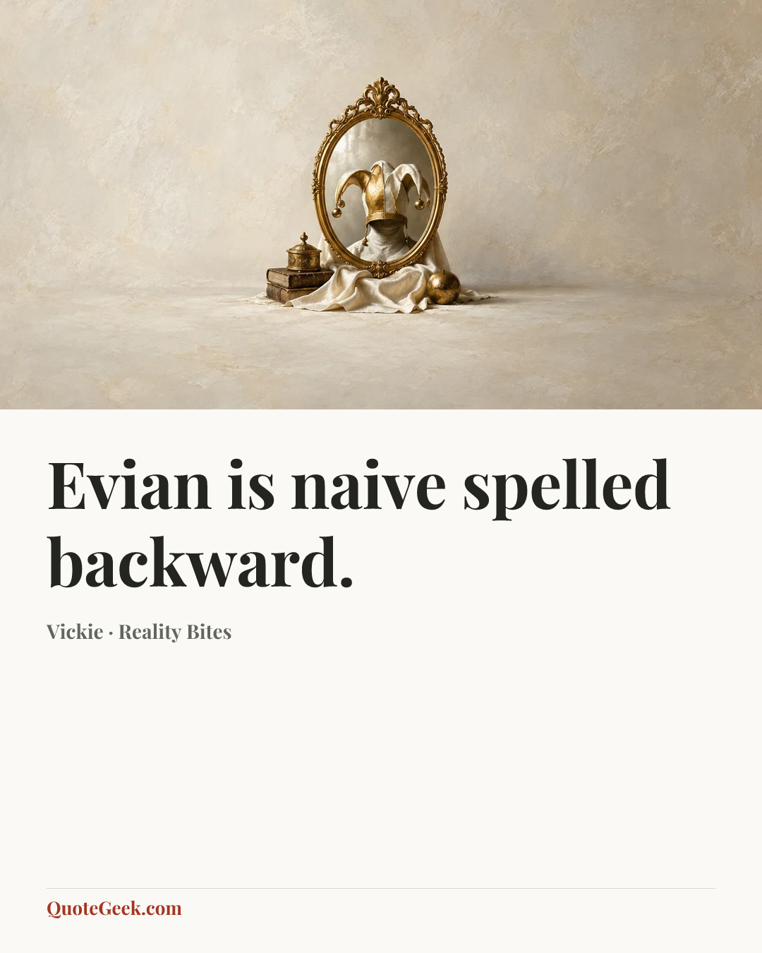 “Evian is naive spelled backward.” — Vickie · Reality Bites. Illustrated QuoteGeek card.
