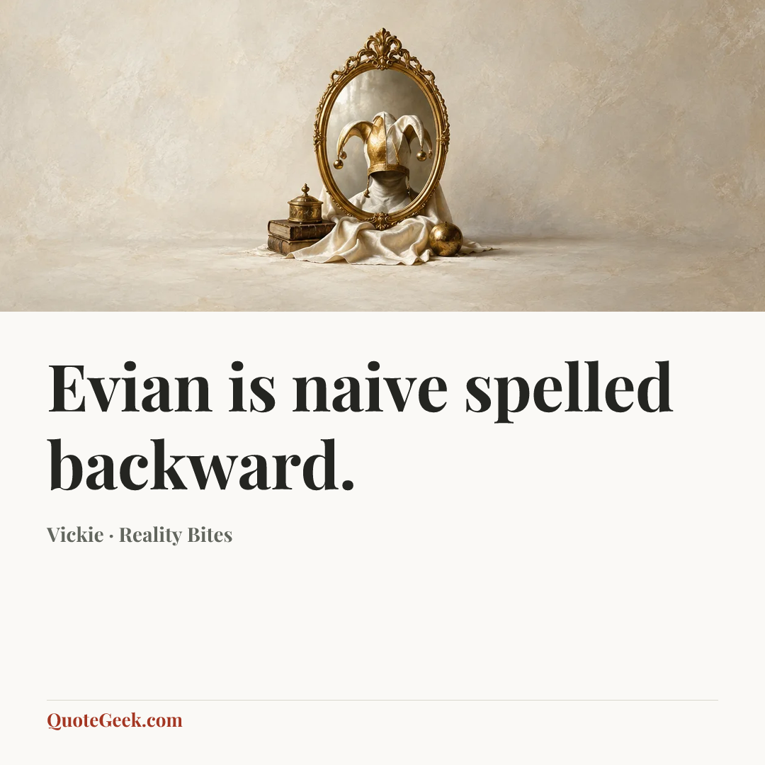 “Evian is naive spelled backward.” — Vickie · Reality Bites. Illustrated QuoteGeek card.