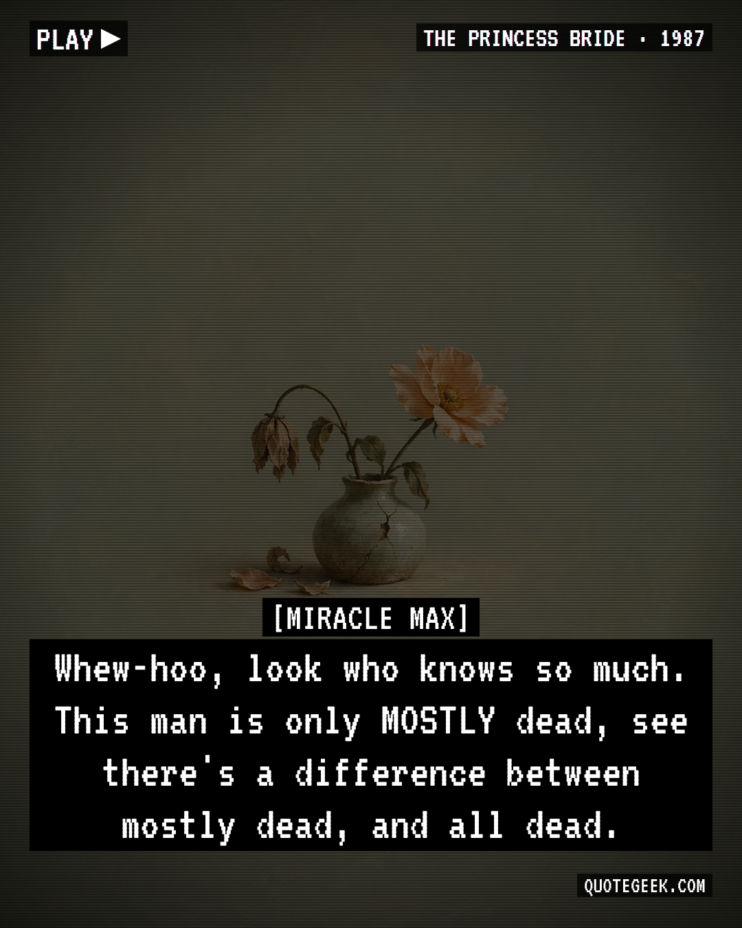 “Whew-hoo, look who knows so much. This man is only MOSTLY dead, see there's a difference between mostly dead, and all dead.” — Miracle Max · The Princess Bride. Illustrated QuoteGeek card.