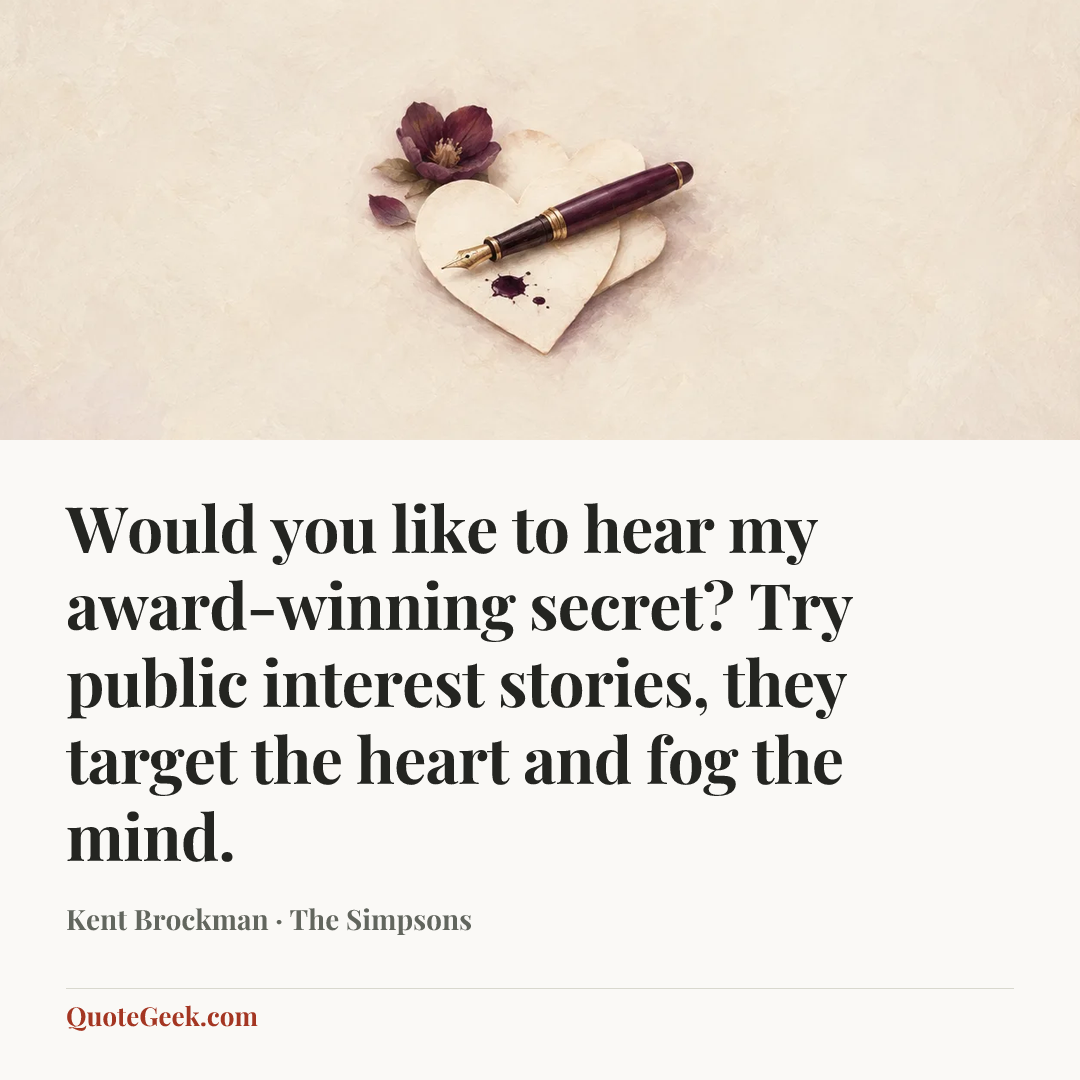 “Would you like to hear my award-winning secret? Try public interest stories, they target the heart and fog the mind.” — Kent Brockman · The Simpsons. Illustrated QuoteGeek card.