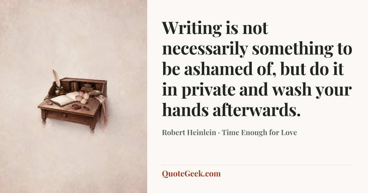 “Writing is not necessarily something to be ashamed of, but do it in private and wash your hands afterwards.” — Robert Heinlein · Time Enough for Love. Illustrated QuoteGeek card.