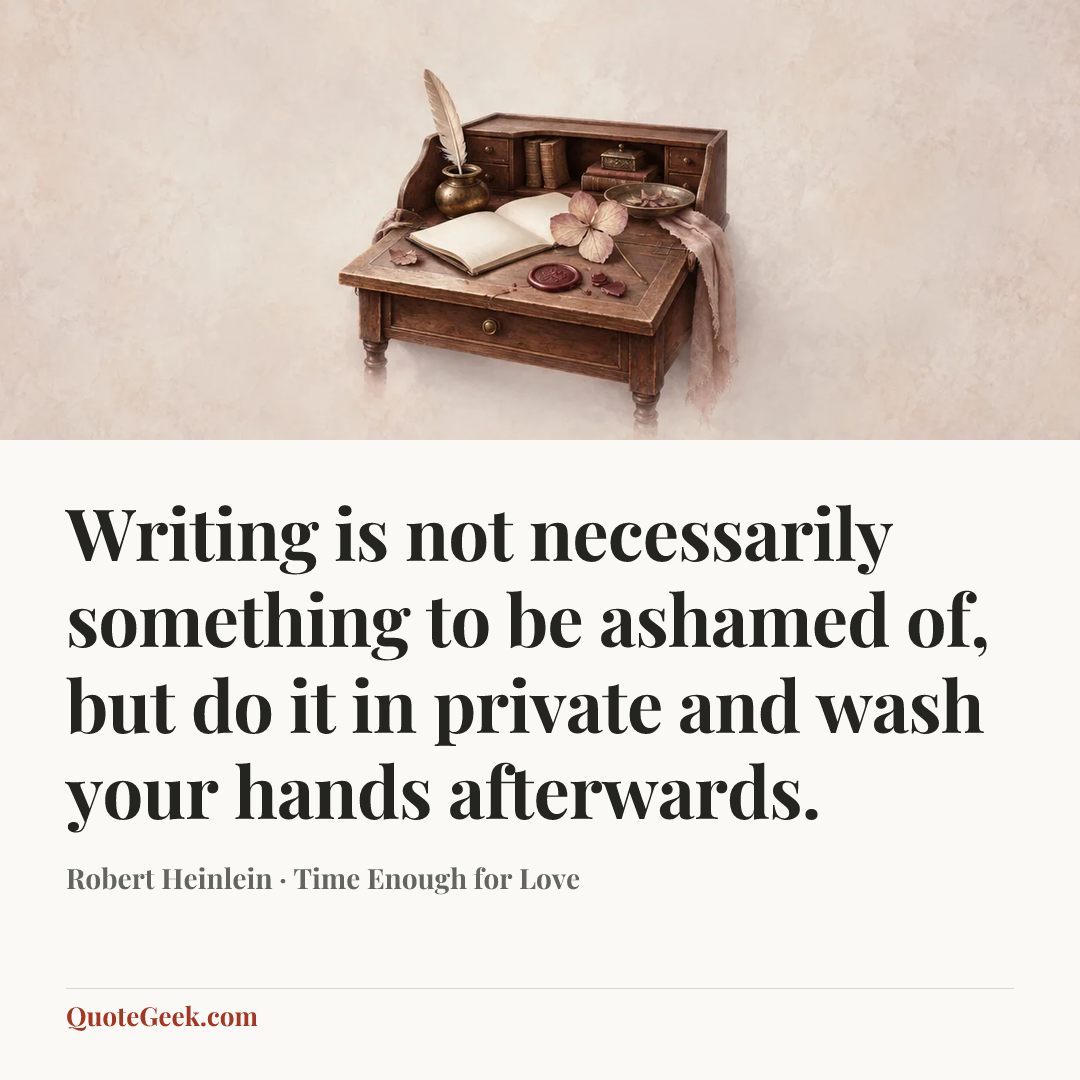 “Writing is not necessarily something to be ashamed of, but do it in private and wash your hands afterwards.” — Robert Heinlein · Time Enough for Love. Illustrated QuoteGeek card.