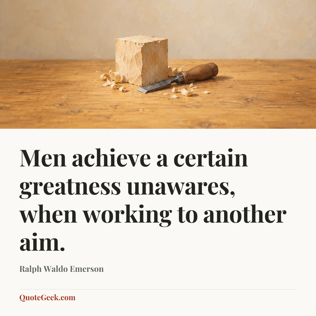 “Men achieve a certain greatness unawares, when working to another aim.” — Ralph Waldo Emerson. Illustrated QuoteGeek card.
