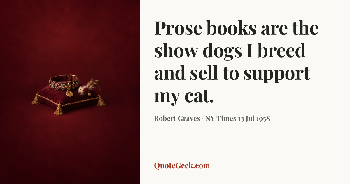 “Prose books are the show dogs I breed and sell to support my cat.” — Robert Graves · NY Times 13 Jul 1958. Illustrated QuoteGeek card.