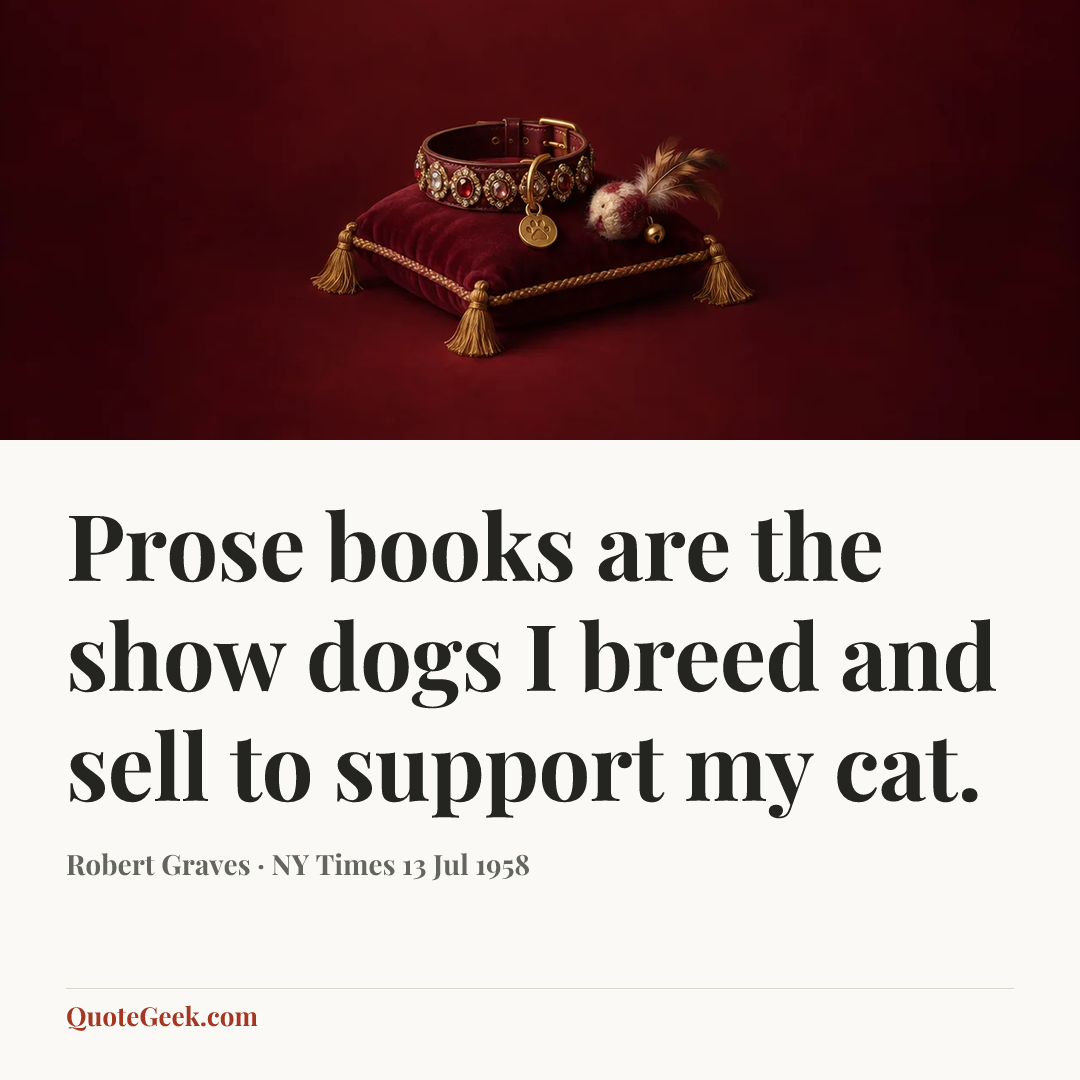 “Prose books are the show dogs I breed and sell to support my cat.” — Robert Graves · NY Times 13 Jul 1958. Illustrated QuoteGeek card.
