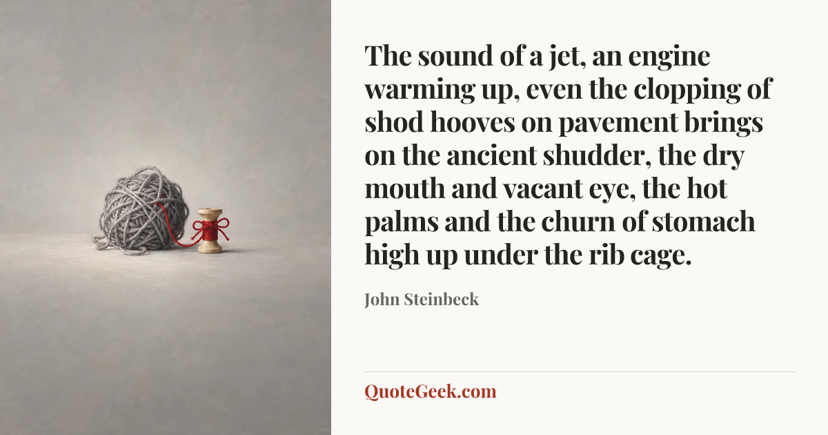 “The sound of a jet, an engine warming up, even the clopping of shod hooves on pavement brings on the ancient shudder, the dry mouth and vacant eye, the hot palms and the churn of stomach high up under the rib cage.” — John Steinbeck. Illustrated QuoteGeek card.