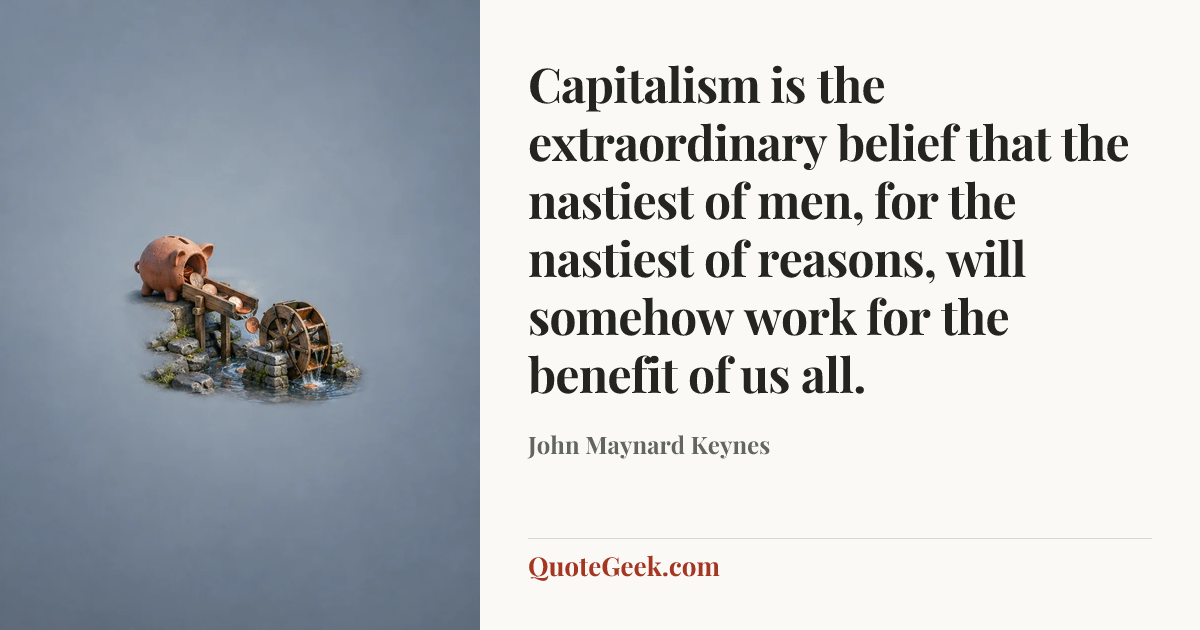 “Capitalism is the extraordinary belief that the nastiest of men, for the nastiest of reasons, will somehow work for the benefit of us all.” — John Maynard Keynes. Illustrated QuoteGeek card.