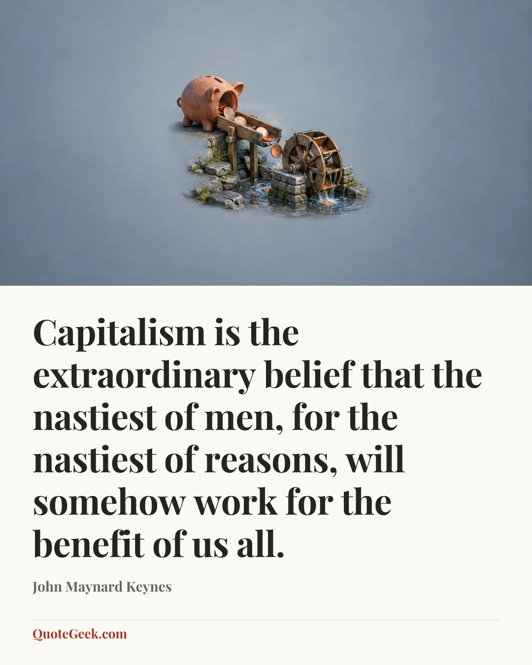 “Capitalism is the extraordinary belief that the nastiest of men, for the nastiest of reasons, will somehow work for the benefit of us all.” — John Maynard Keynes. Illustrated QuoteGeek card.