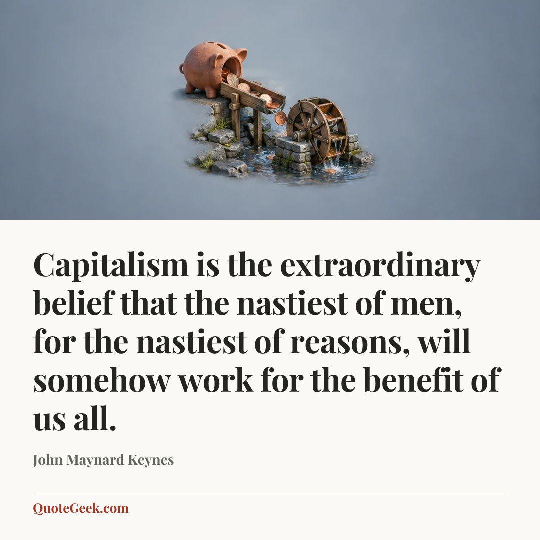 “Capitalism is the extraordinary belief that the nastiest of men, for the nastiest of reasons, will somehow work for the benefit of us all.” — John Maynard Keynes. Illustrated QuoteGeek card.