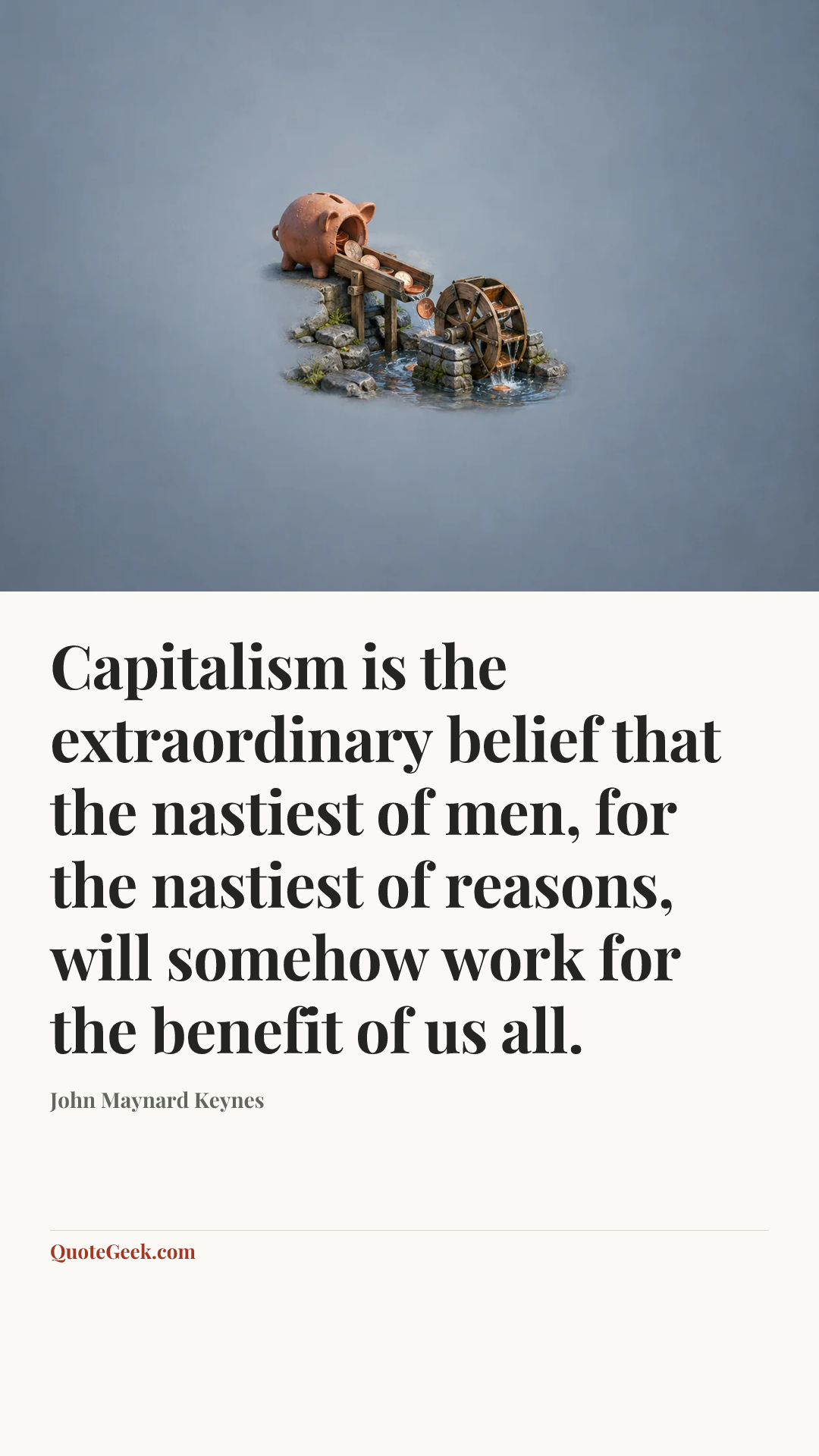“Capitalism is the extraordinary belief that the nastiest of men, for the nastiest of reasons, will somehow work for the benefit of us all.” — John Maynard Keynes. Illustrated QuoteGeek card.