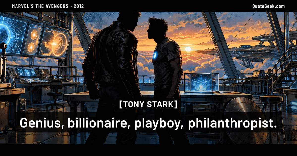 “Genius, billionaire, playboy, philanthropist.” — Tony Stark · Marvel's The Avengers. Illustrated QuoteGeek card.