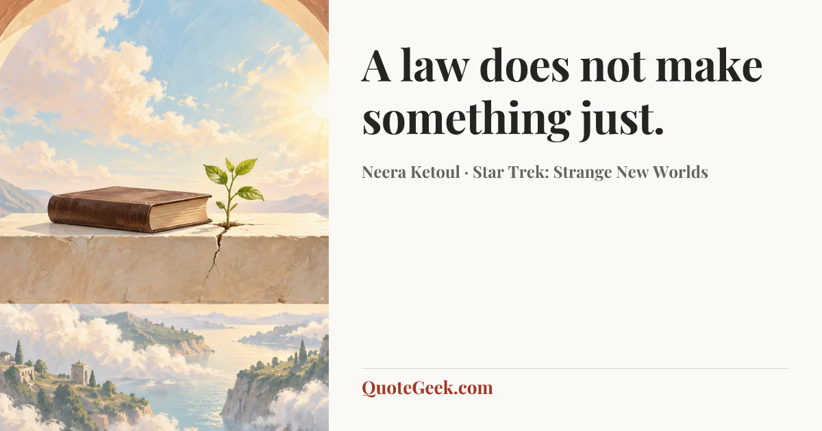 “A law does not make something just.” — Neera Ketoul · Star Trek: Strange New Worlds. Illustrated QuoteGeek card.