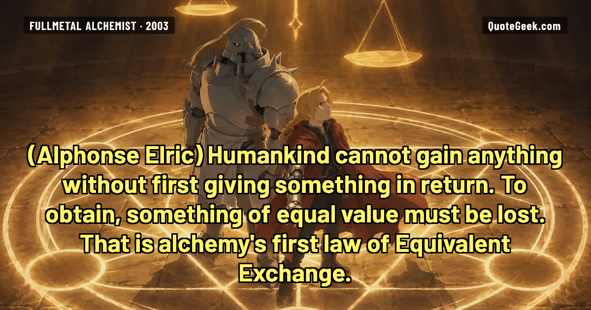 “Humankind cannot gain anything without first giving something in return. To obtain, something of equal value must be lost. That is alchemy's first law of Equivalent Exchange.” — Alphonse Elric · Fullmetal Alchemist. Illustrated QuoteGeek card.