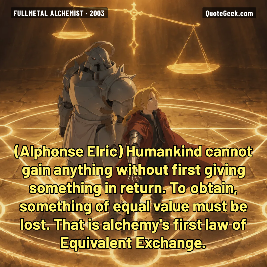 “Humankind cannot gain anything without first giving something in return. To obtain, something of equal value must be lost. That is alchemy's first law of Equivalent Exchange.” — Alphonse Elric · Fullmetal Alchemist. Illustrated QuoteGeek card.