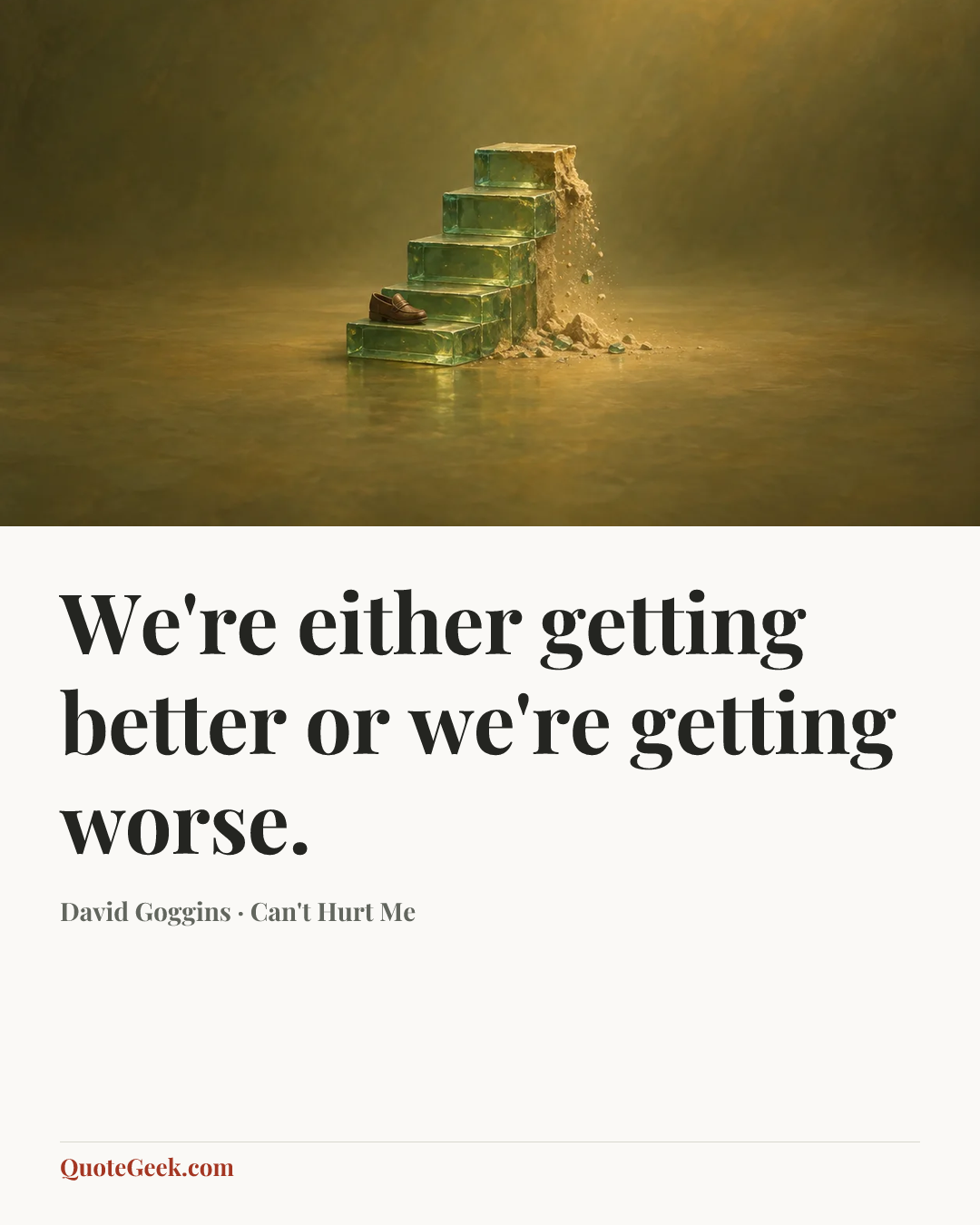 “We're either getting better or we're getting worse.” — David Goggins · Can't Hurt Me. Illustrated QuoteGeek card.