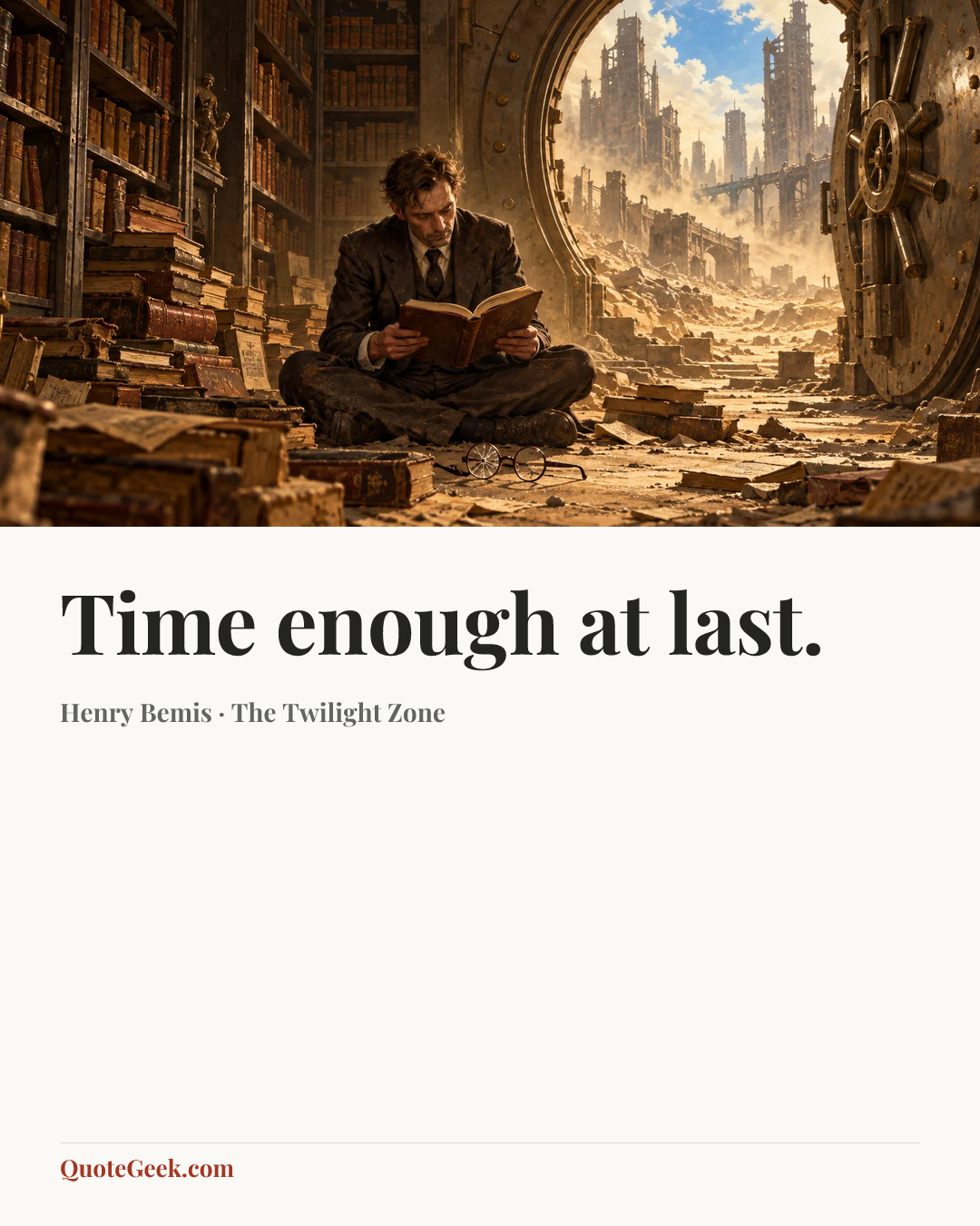 “Time enough at last.” — Henry Bemis · The Twilight Zone. Illustrated QuoteGeek card.