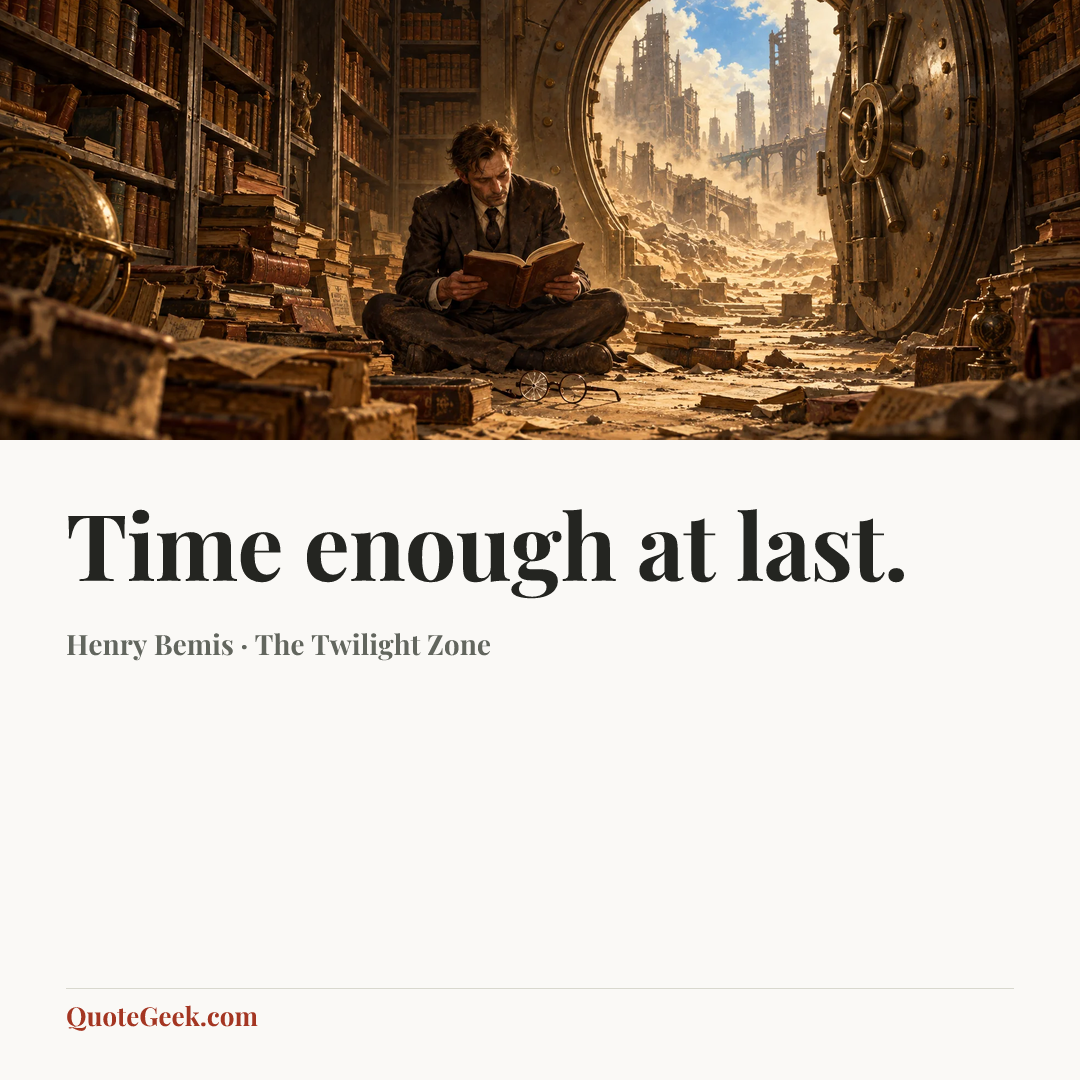 “Time enough at last.” — Henry Bemis · The Twilight Zone. Illustrated QuoteGeek card.