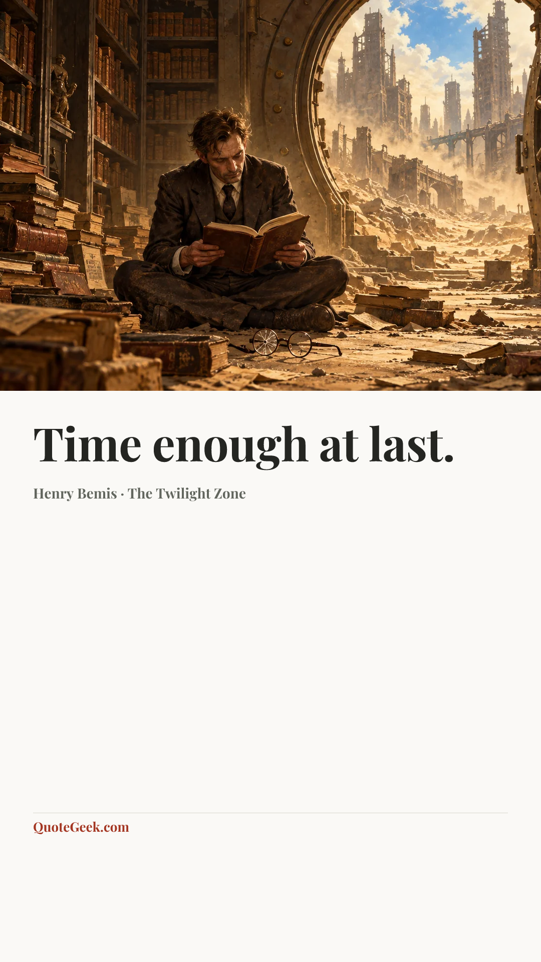 “Time enough at last.” — Henry Bemis · The Twilight Zone. Illustrated QuoteGeek card.