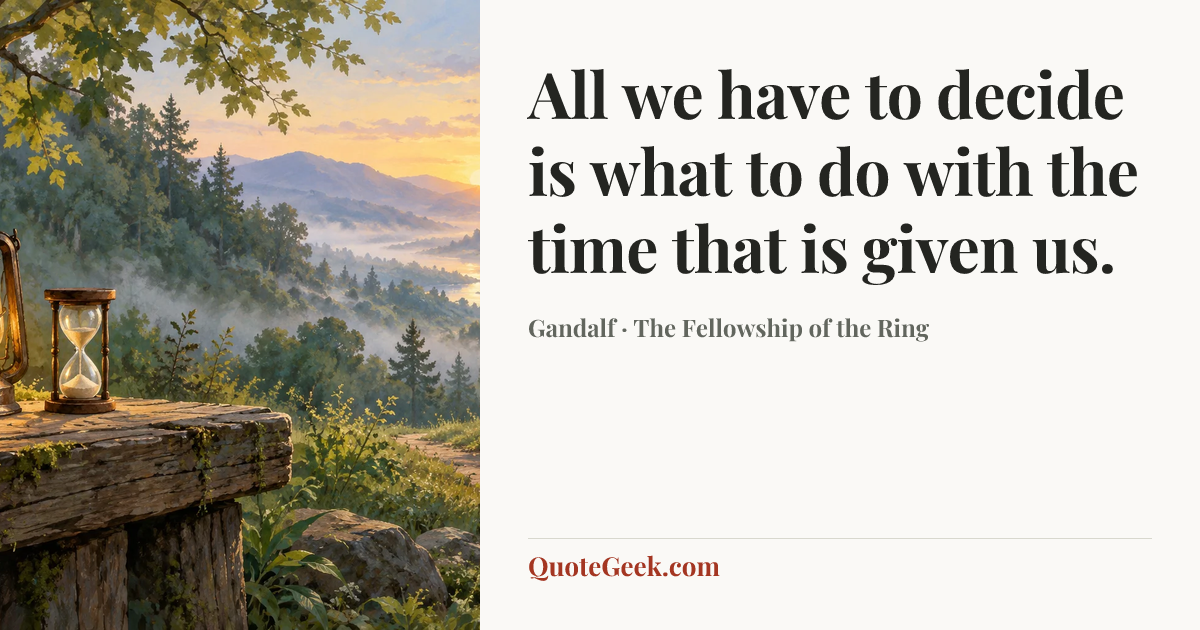 “All we have to decide is what to do with the time that is given us.” — Gandalf · The Fellowship of the Ring. Illustrated QuoteGeek card.