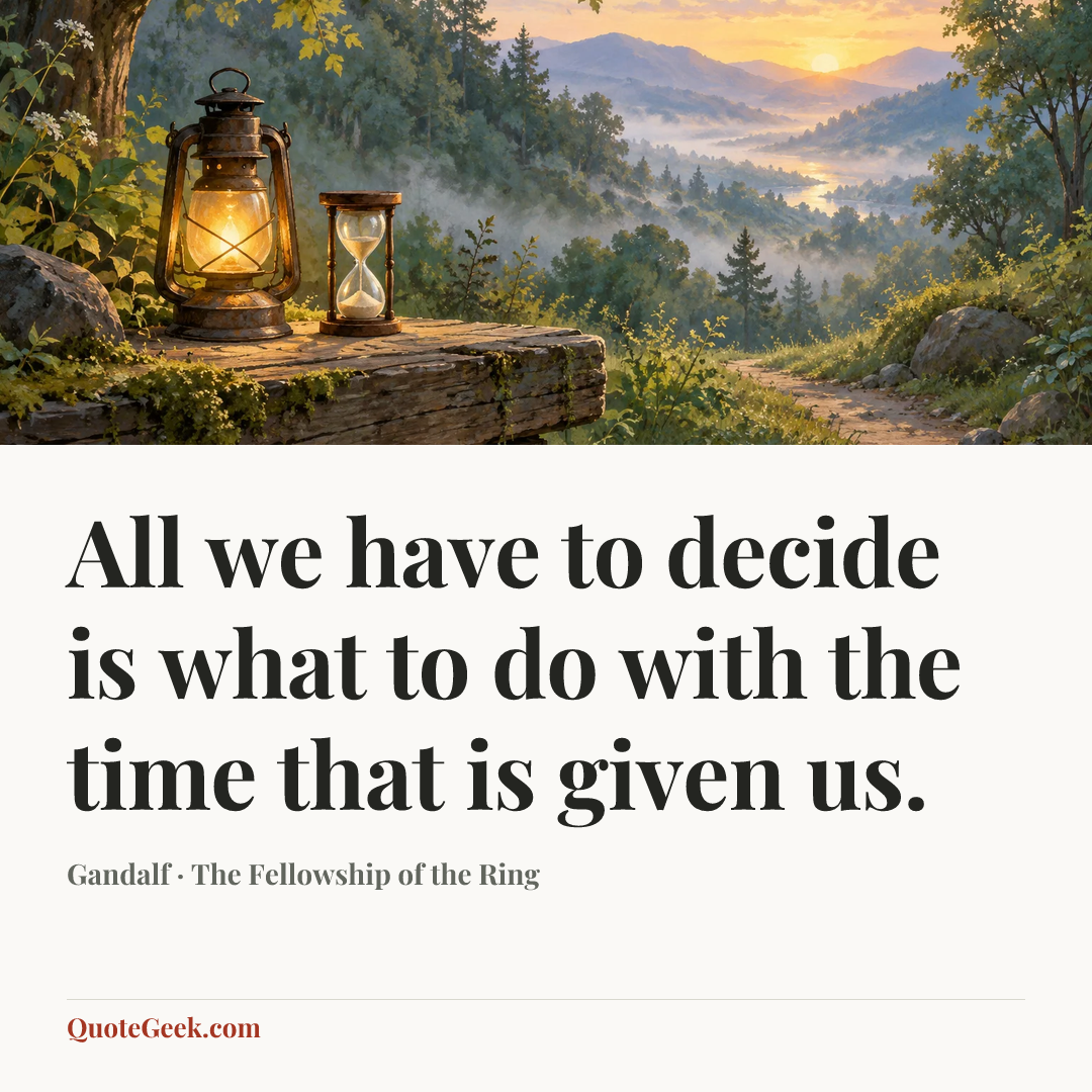 “All we have to decide is what to do with the time that is given us.” — Gandalf · The Fellowship of the Ring. Illustrated QuoteGeek card.