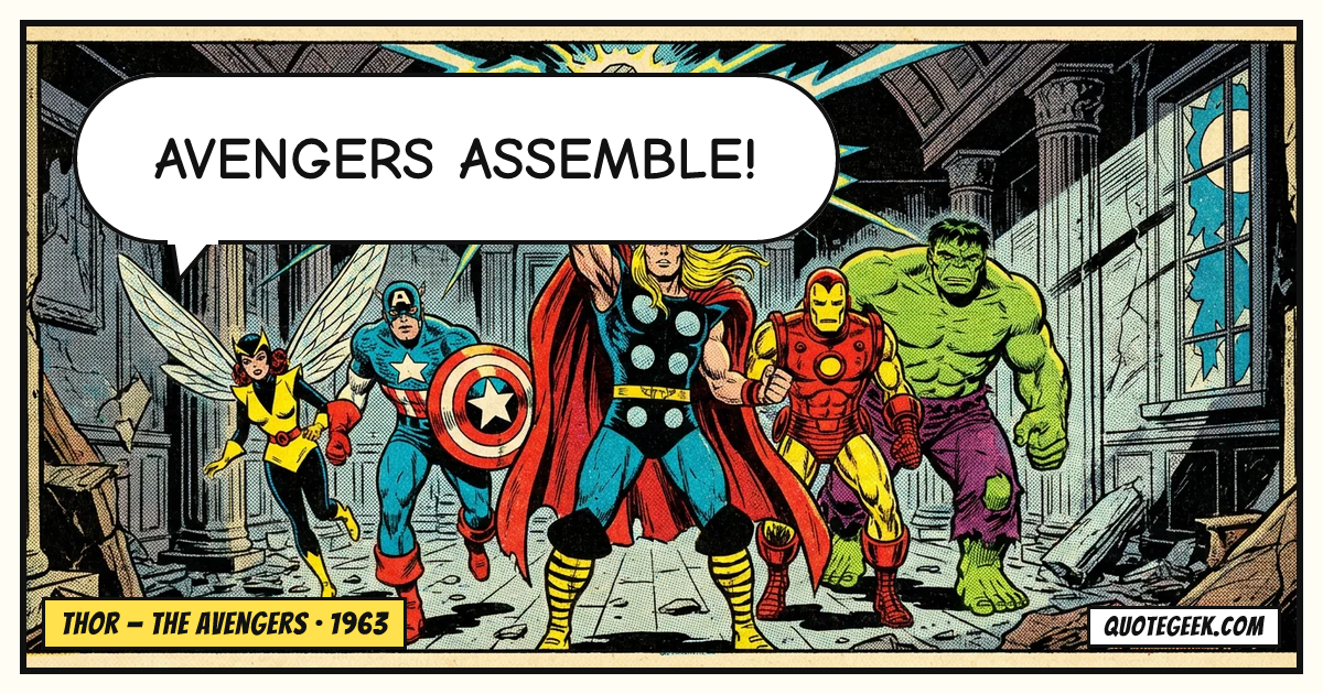 “Avengers assemble!” — Thor · The Avengers. Illustrated QuoteGeek card.