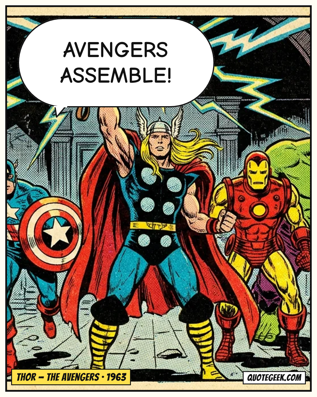 “Avengers assemble!” — Thor · The Avengers. Illustrated QuoteGeek card.