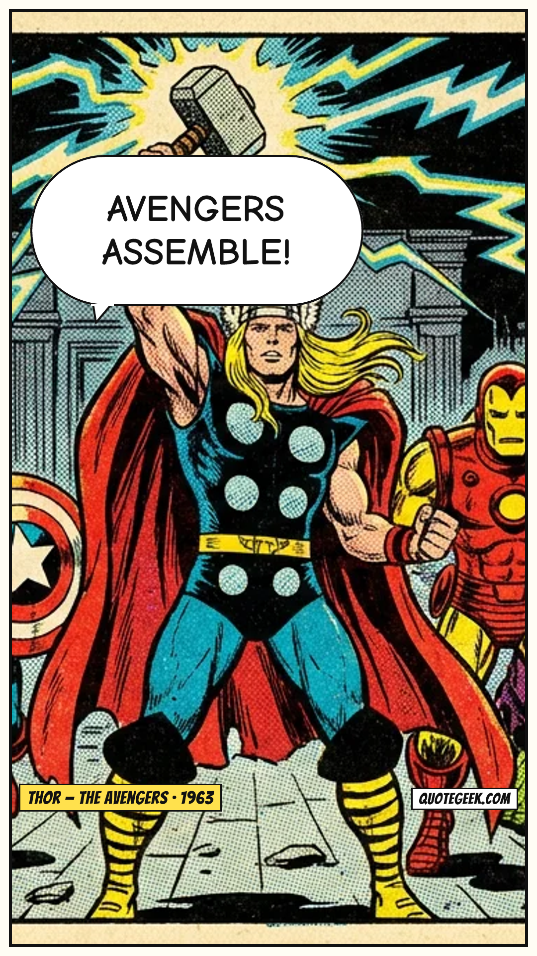 “Avengers assemble!” — Thor · The Avengers. Illustrated QuoteGeek card.