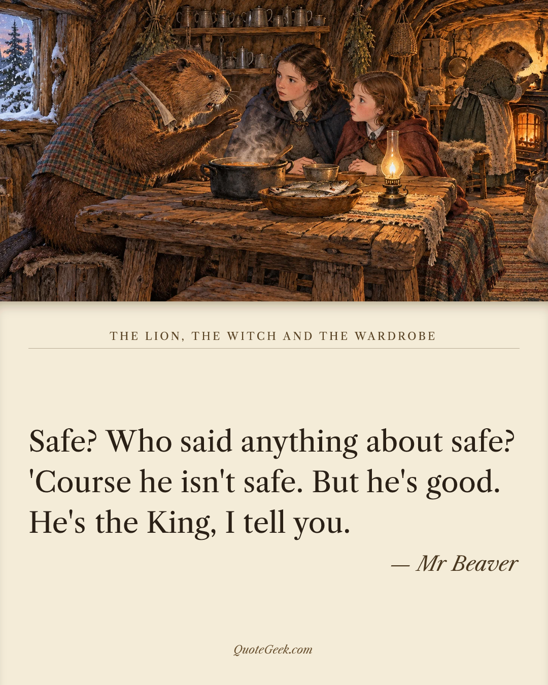 “Safe? Who said anything about safe? 'Course he isn't safe. But he's good. He's the King, I tell you.” — Mr Beaver · The Lion, the Witch and the Wardrobe. Illustrated QuoteGeek card.