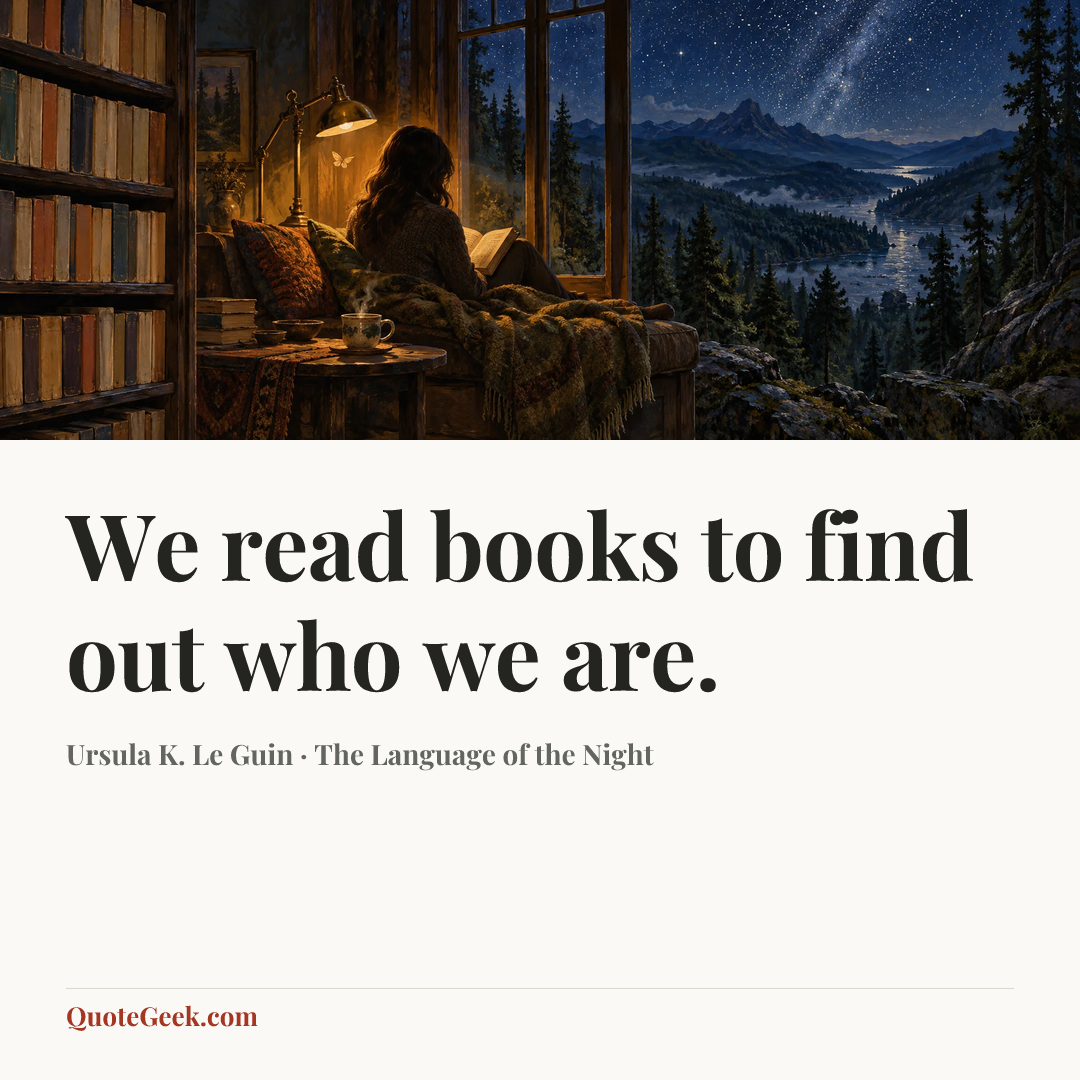 “We read books to find out who we are.” — Ursula K. Le Guin · The Language of the Night. Illustrated QuoteGeek card.