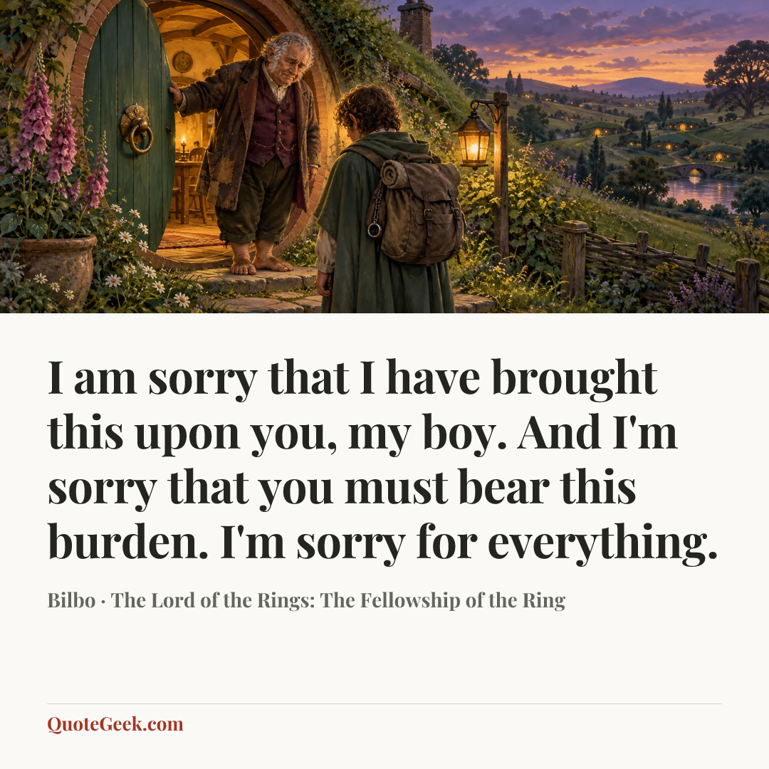 “I am sorry that I have brought this upon you, my boy. And I'm sorry that you must bear this burden. I'm sorry for everything.” — Bilbo · The Lord of the Rings: The Fellowship of the Ring. Illustrated QuoteGeek card.