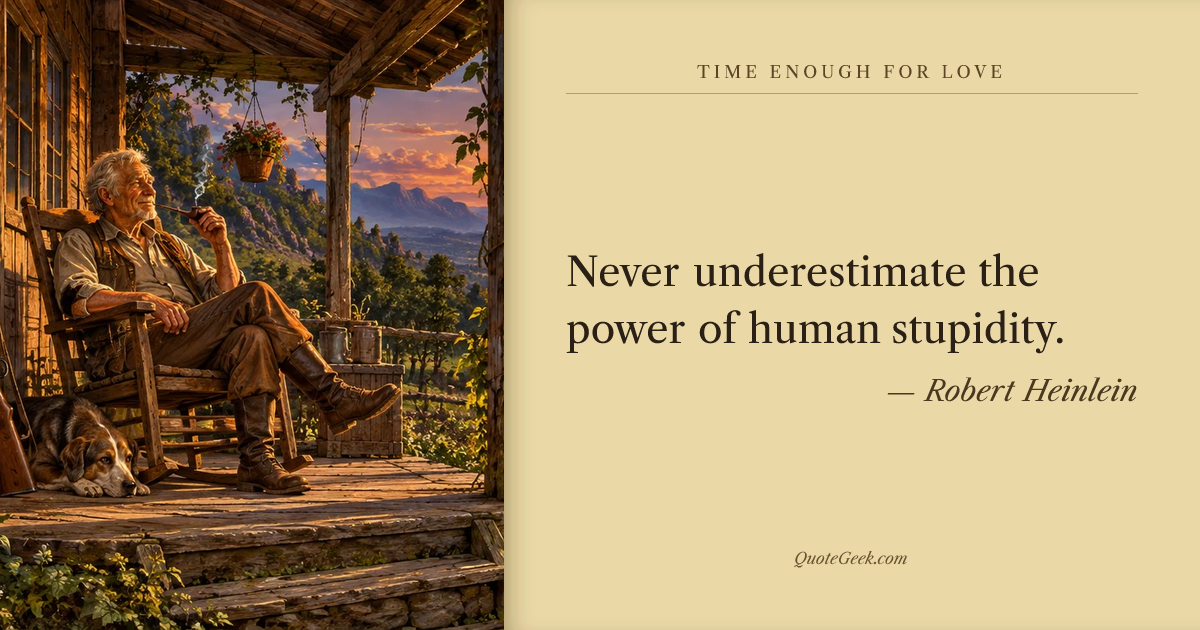 “Never underestimate the power of human stupidity.” — Robert Heinlein · Time Enough for Love. Illustrated QuoteGeek card.