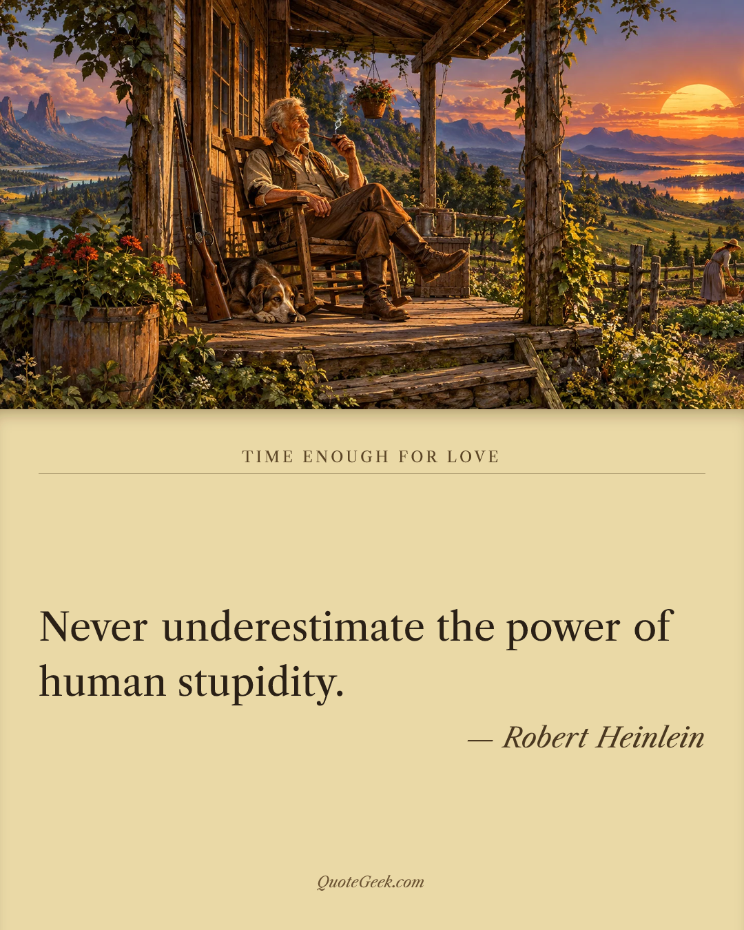 “Never underestimate the power of human stupidity.” — Robert Heinlein · Time Enough for Love. Illustrated QuoteGeek card.