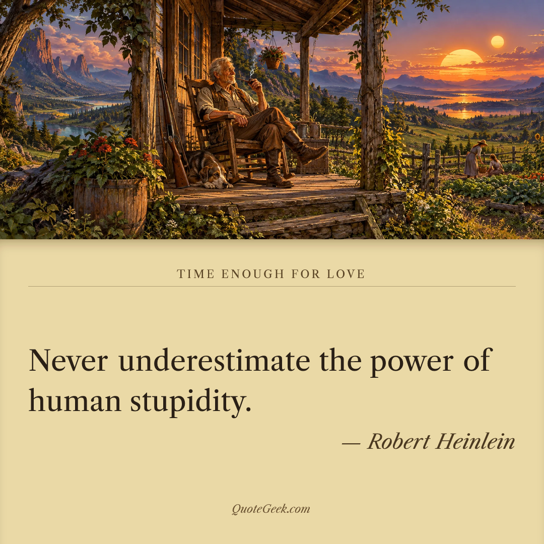 “Never underestimate the power of human stupidity.” — Robert Heinlein · Time Enough for Love. Illustrated QuoteGeek card.
