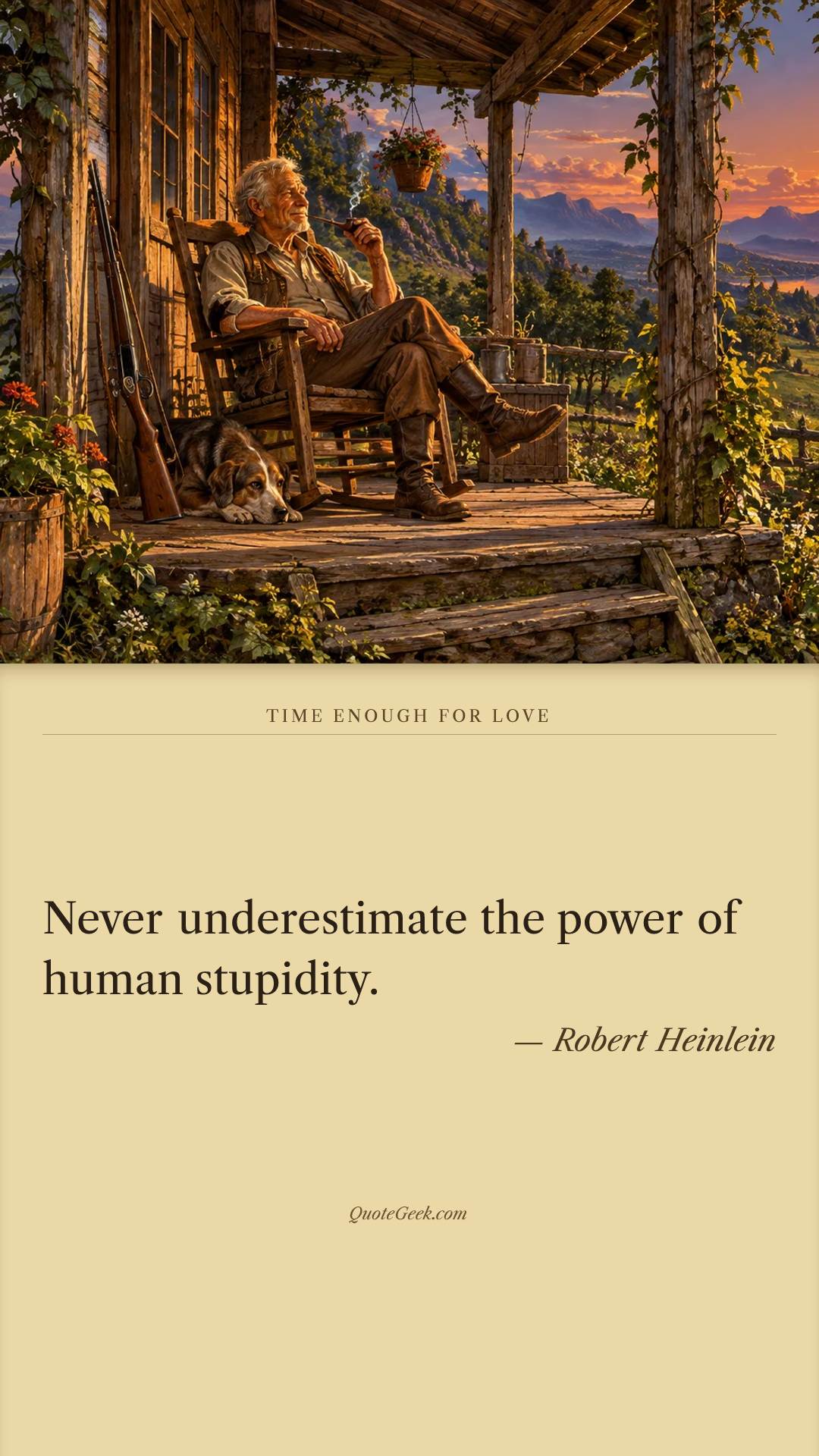 “Never underestimate the power of human stupidity.” — Robert Heinlein · Time Enough for Love. Illustrated QuoteGeek card.