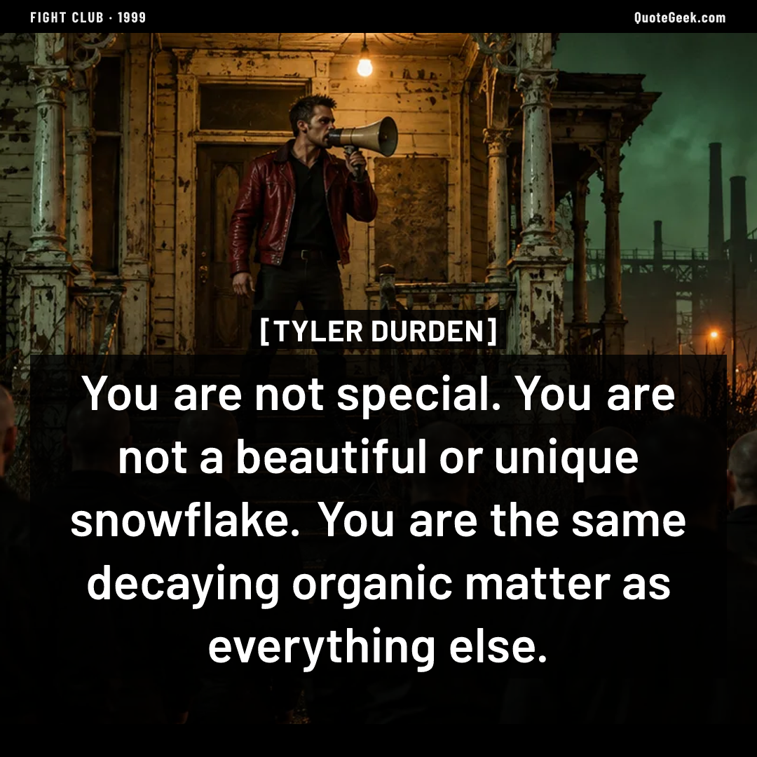 “You are not special. You are not a beautiful or unique snowflake. You are the same decaying organic matter as everything else.” — Tyler Durden · Fight Club. Illustrated QuoteGeek card.