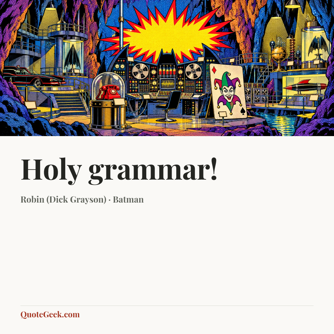 “Holy grammar!” — Robin (Dick Grayson) · Batman. Illustrated QuoteGeek card.