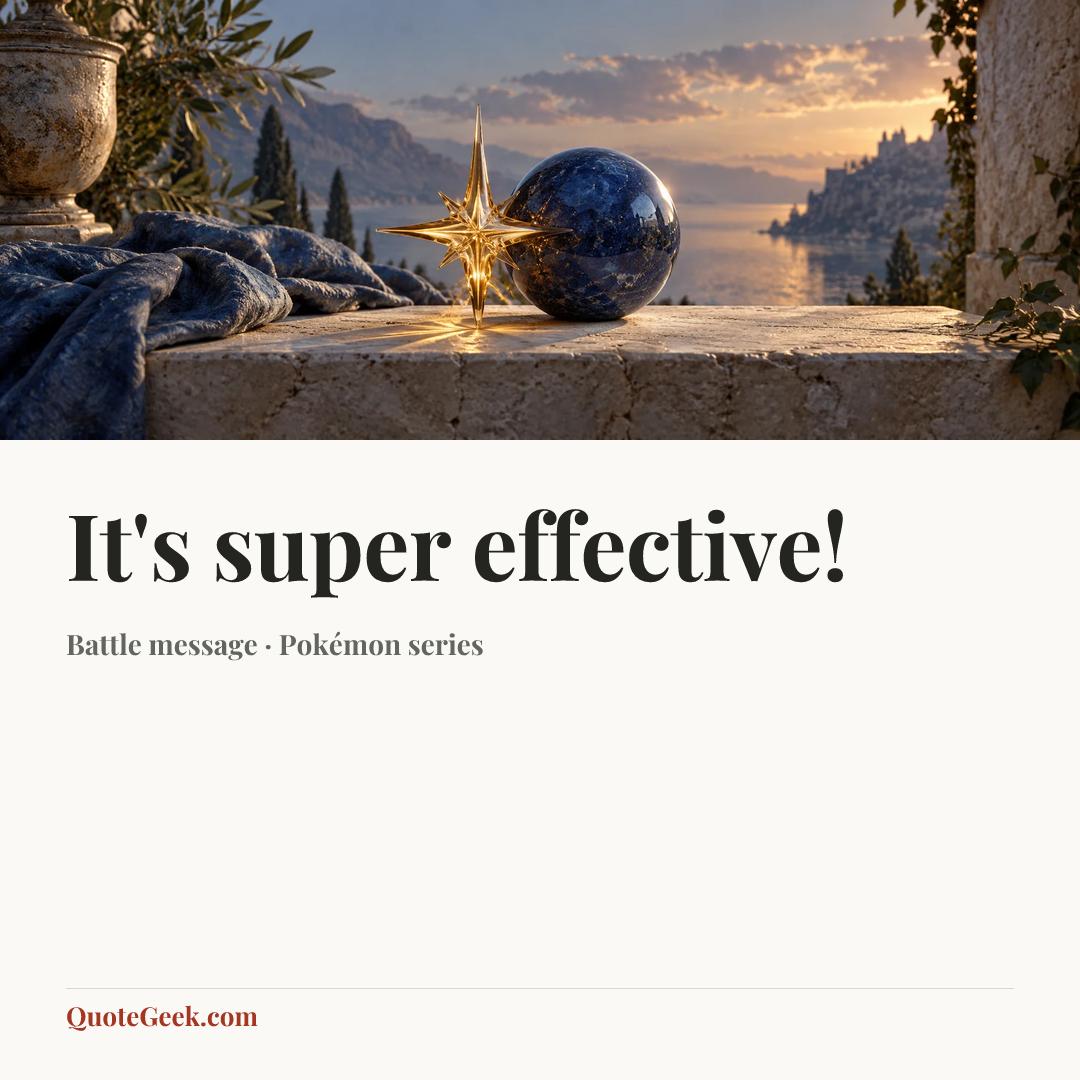 “It's super effective!” — Battle message · Pokémon series. Illustrated QuoteGeek card.