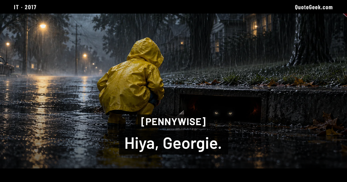 “Hiya, Georgie.” — Pennywise · It. Illustrated QuoteGeek card.
