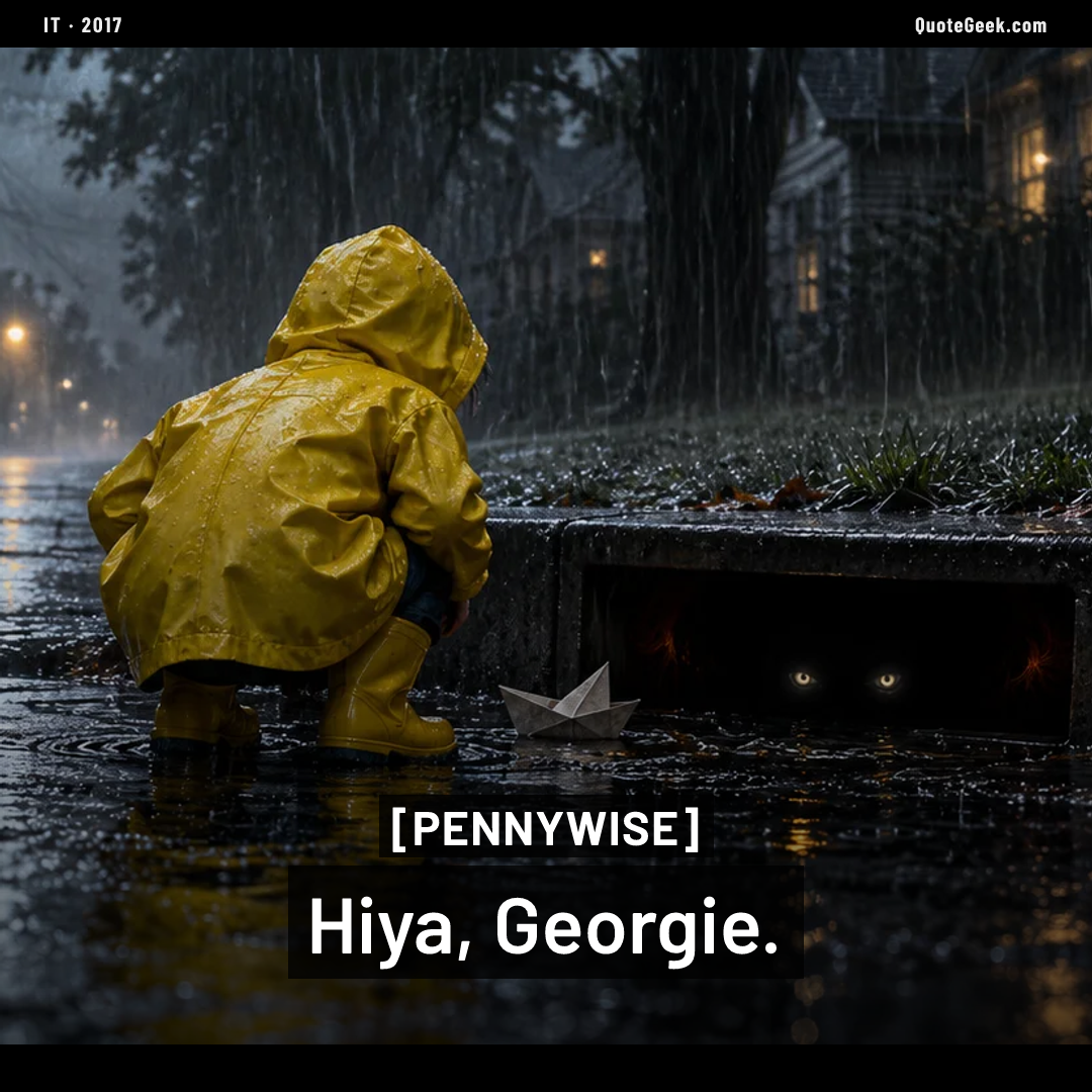 “Hiya, Georgie.” — Pennywise · It. Illustrated QuoteGeek card.