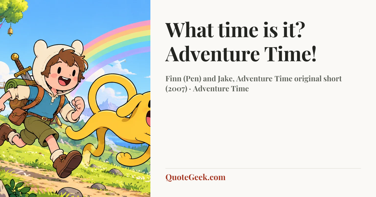 “What time is it? Adventure Time!” — Finn (Pen) and Jake, Adventure Time original short (2007) · Adventure Time. Illustrated QuoteGeek card.