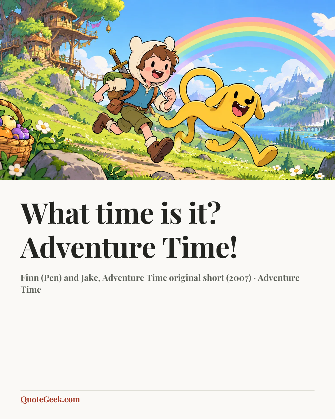 “What time is it? Adventure Time!” — Finn (Pen) and Jake, Adventure Time original short (2007) · Adventure Time. Illustrated QuoteGeek card.