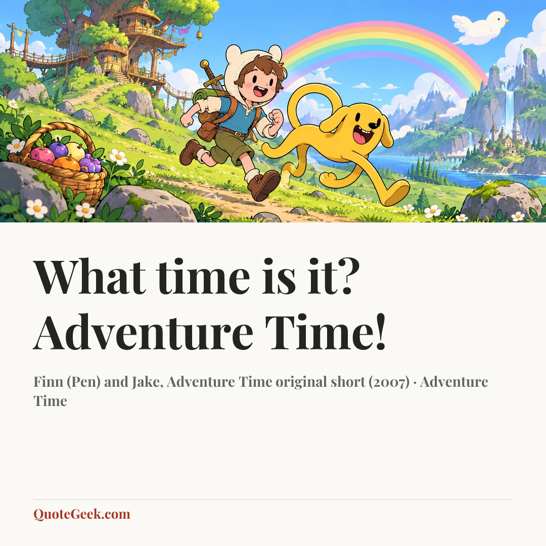 “What time is it? Adventure Time!” — Finn (Pen) and Jake, Adventure Time original short (2007) · Adventure Time. Illustrated QuoteGeek card.